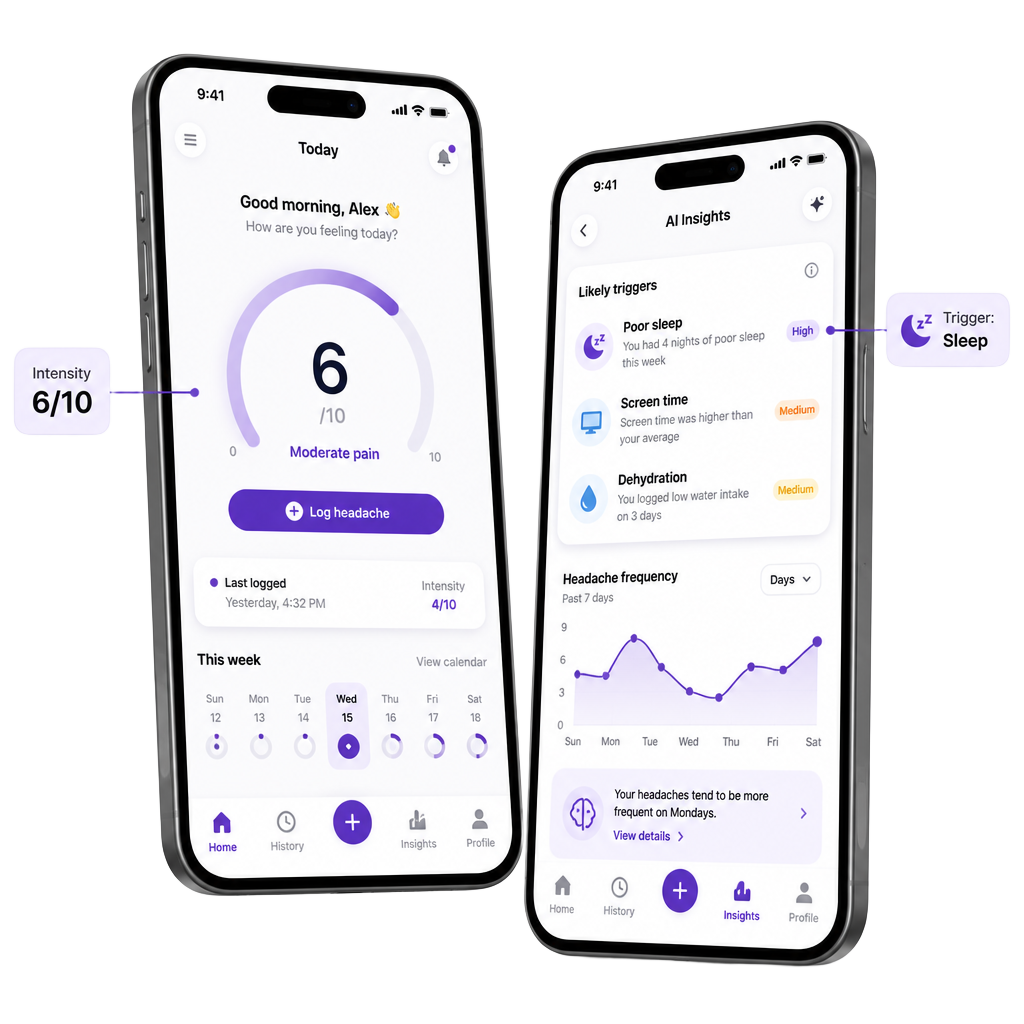 Headdy AI app screens showing headache tracking and AI insights